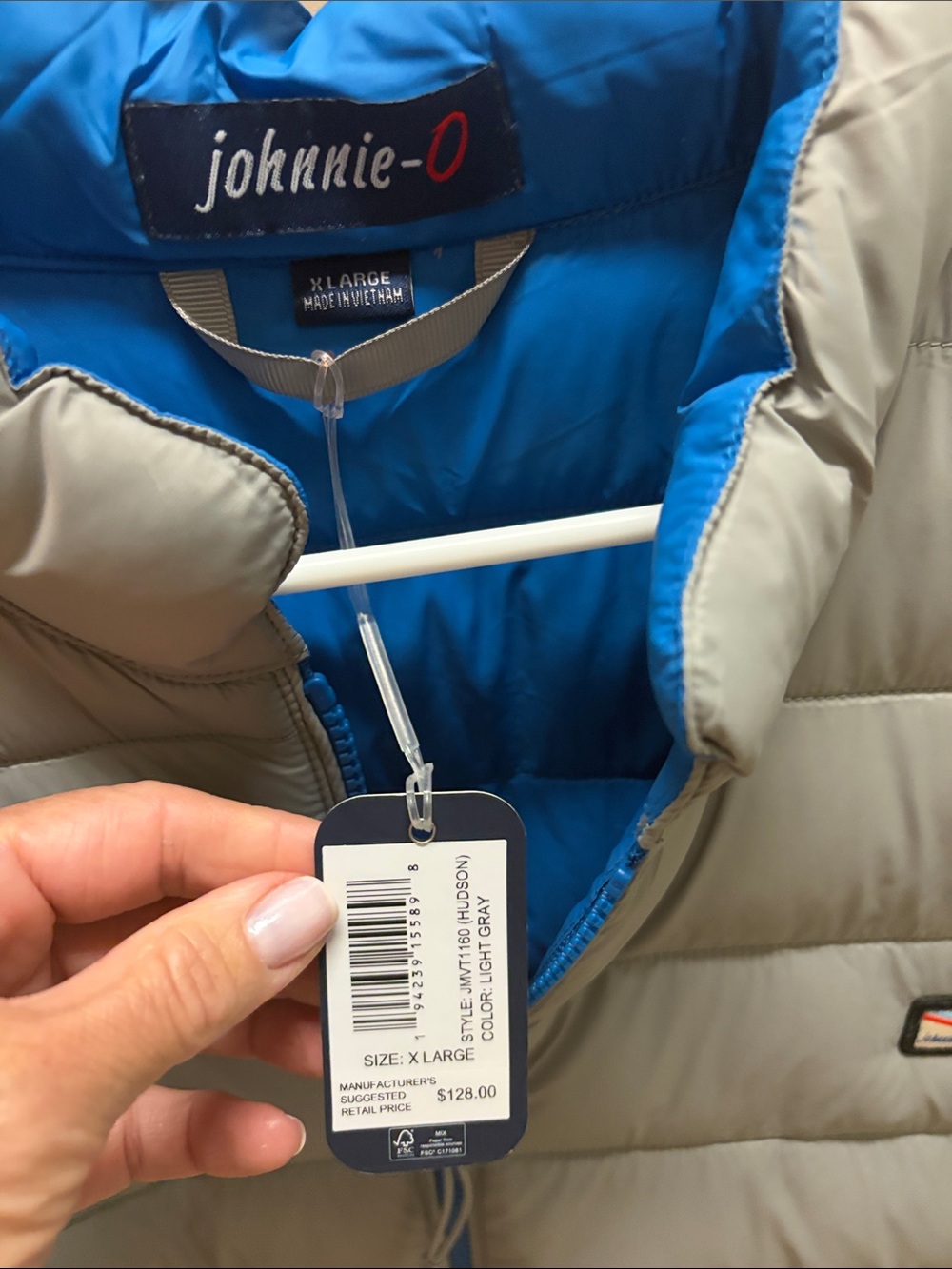 Johnnie-O Men's Hudson Puffer Vest Size XL Light Gray NWT